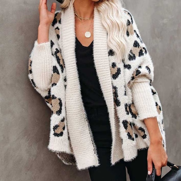 Leopard Fuzzy Oversized Cardigan Knit Sweater - Picture 3 of 7